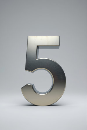 Volumetric glossy steel number 5 isolated on white background. 3d rendered alphabet.の素材