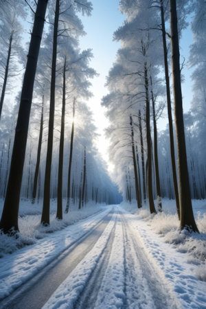 Winter Day Snow Between Road Sceneryの素材