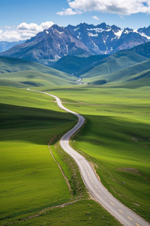 Grass Public Road Snow MountainScenery in the Windの素材