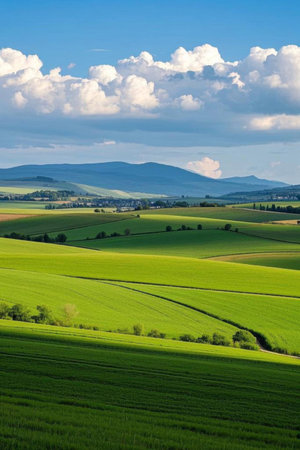 Green Color Field Sky Scenery in the Windの素材