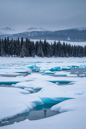 Ice and Snow Forest River Flow Landscapeの素材