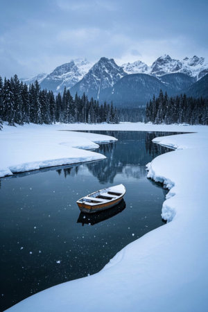 Snow Mountain River Flow Small Snow Sceneryの素材