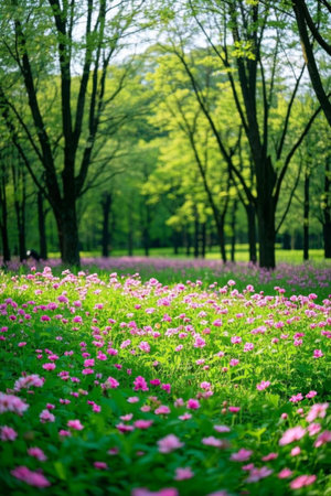 Spring Day Flourishing FlowerGroveScenery in the Windの素材