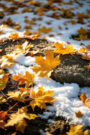 Snow Land Yellow Color Fallen Leaf Close upの素材