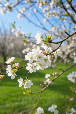Blooming WhiteFlowerBlossom Blue Sky Greenの素材