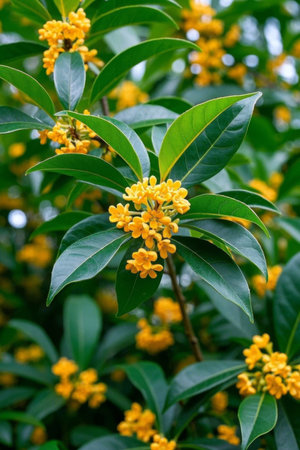 Blooming Golden Osmanthus FlowerBlossom Green Leafの素材