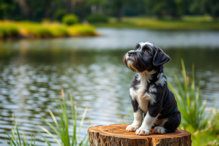 Puppy on a tree stump by the lakeの素材