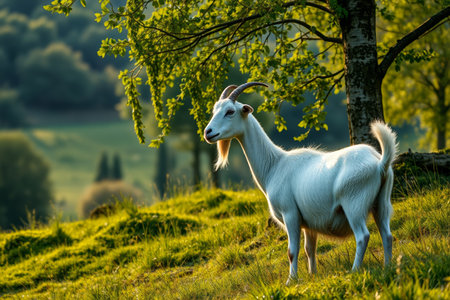 White goat standing on the grassの素材