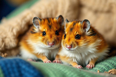 Close up of two hamsters snugglingの素材