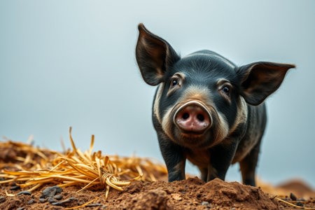 Piglet standing on dirt strawの素材