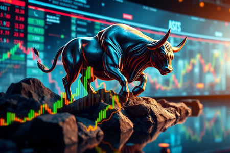 Bull Market Statue and Financial Chart Backgroundの素材