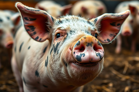 Close up of the cute pig on the farmの素材