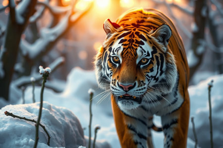 Tiger walking in the snowの素材