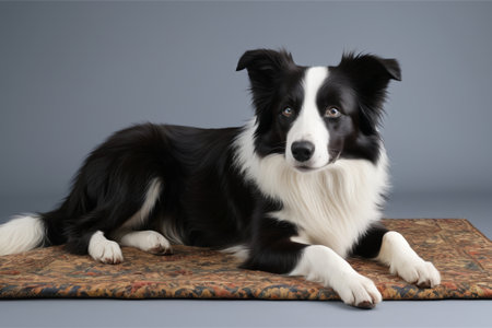 Black and white border shepherd dog lying on the carpetの素材