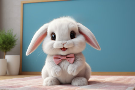 Cute White Rabbit Home Scene with Bow Tieの素材