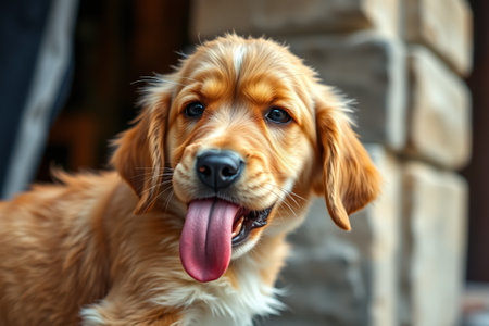 Close up of the golden retriever puppy with tongue sticking outの素材