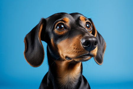 Close up of a dachshund on a blue backgroundの素材
