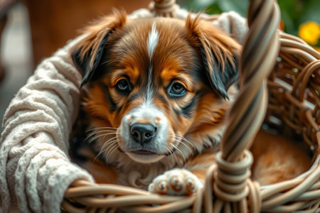 Cute puppy in basketの素材