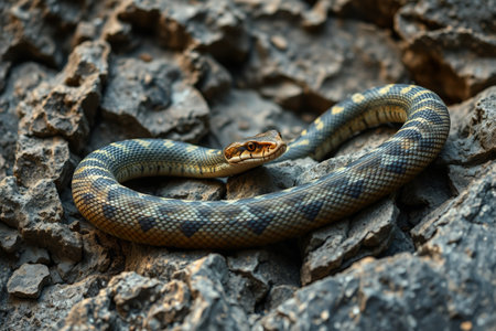 Close up to a snake on a rock.の素材
