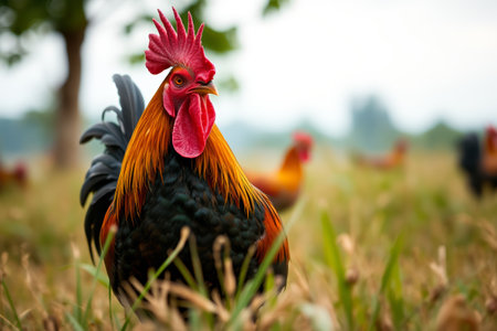 Colorful roosters in the fieldsの素材