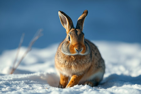 Rabbit squatting in the snowの素材