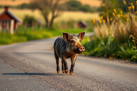 Young wild boar walking on a country roadの素材