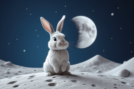 White Rabbit on the Moon and the Crescent Moon Sceneの素材