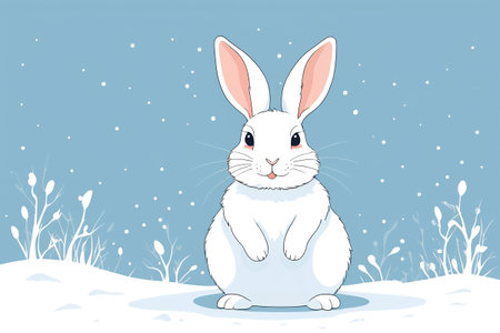 Animated image of a white rabbit standing in the snowの素材
