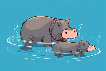 Cartoon hippo mother and son in the waterの素材