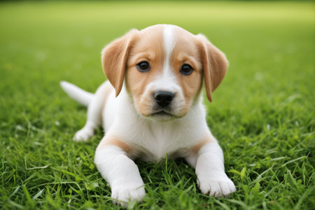 Cute puppy lying on the grassの素材