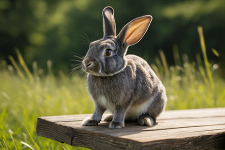 Gray rabbit on a board in the grassの素材