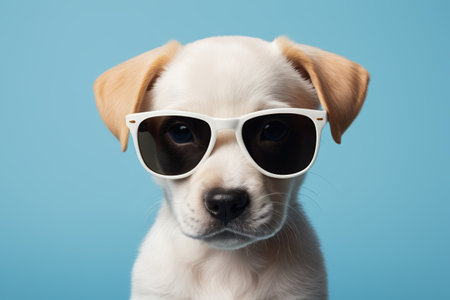 Close up of cute puppy in sunglassesの素材