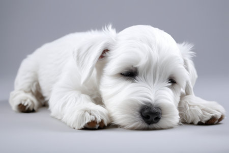 Close up of a white puppy lying on its stomachの素材