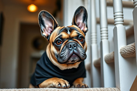 Clothed French Bulldog on the Stairsの素材