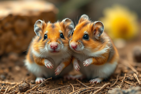 Close up of two hamsters snugglingの素材
