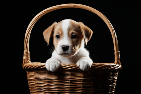 Cute puppy in basketの素材