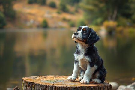 Cute puppy on a tree stump by the lakeの素材