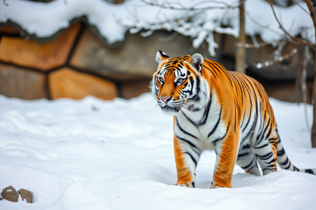 Tiger walking in the snowの素材