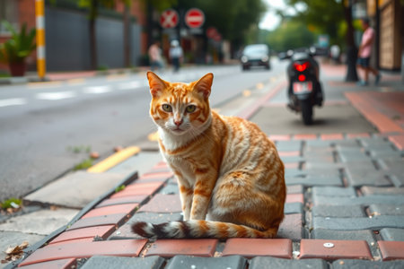 Orange and white cat sitting on the streetの素材
