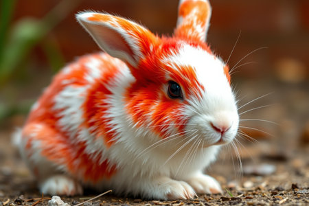 Close up of an orange and white rabbit squattingの素材