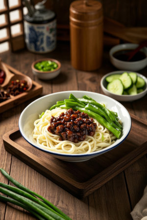 Delicious noodles at a Chinese tableの素材