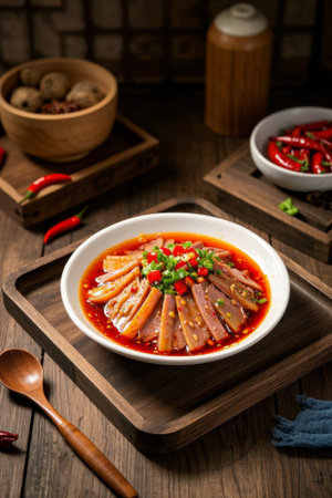 Beef in red oil salad sauce on a wooden plateの素材