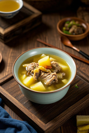 Potato Braised Ribs on a Wooden Plateの素材