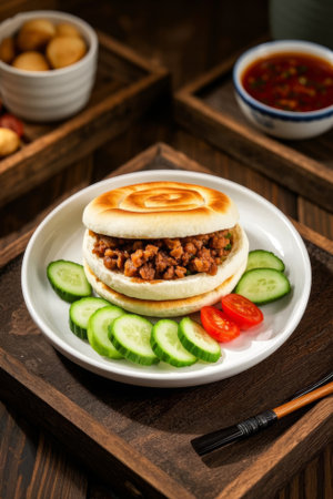Chinese meat filled steamed buns on a delicious plateの素材