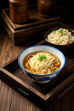 Chinese noodles on wooden traysの素材