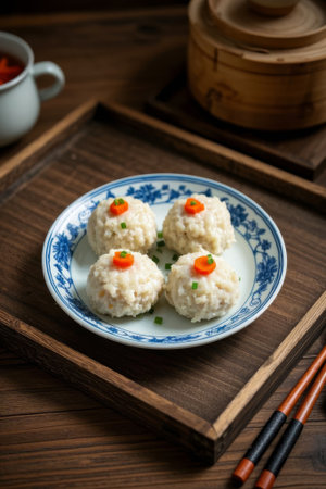 Delicious meatballs on a Chinese porcelain plateの素材