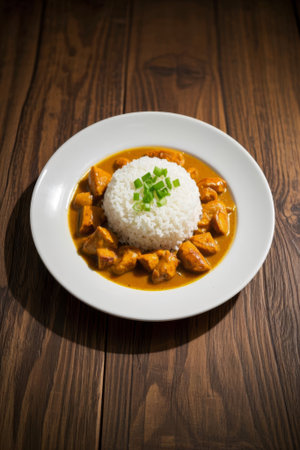 Chicken curry rice bowl on a wooden tableの素材