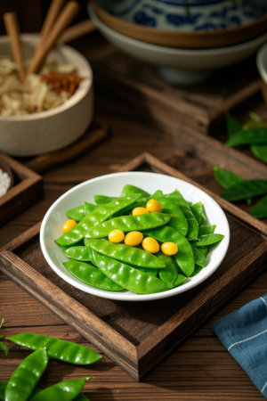 Arrange peas and vegetables on a wooden plateの素材