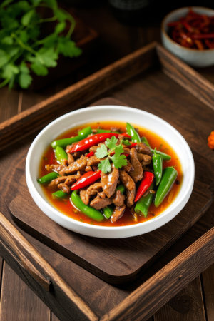 Close up of fried meat with chili peppers in a bowlの素材