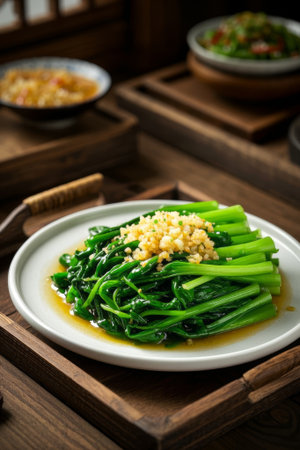 Garlic greens dishes on a Chinese tableの素材